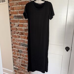 Saiph Lab Satin Maxi Dress Women L Black Short Sleeve Slit Hem Stretch Italy